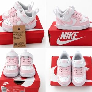 Nike Kids Pink and White Low-Top Sneakers with Hook-and-Loop Strap